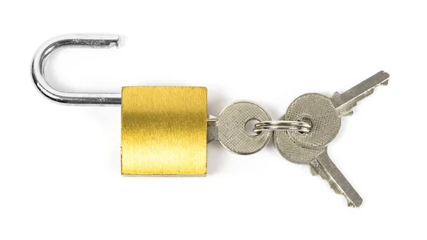 Open Yellow Padlock Keys Isolated White Background Clipping Path — Stock Photo, Image