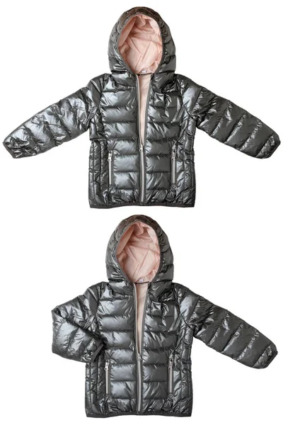 子供用のダウンジャケット 子供用フード付きのスタイリッシュなシルバーグレー 暖かい冬のジャケットは 白い背景に隔離されています 冬のファッション 二つの見方 — ストック写真