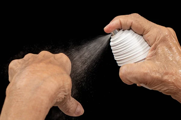 Spray Pulverized Fluid Getting Out Container Withstood Human Hand — Stock Photo, Image