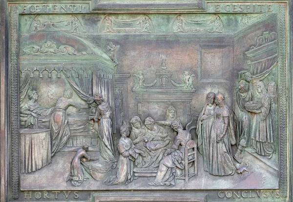 Nativity Virgin Panel Central Door Cathedral Mary Assumption Artwork School — Stock Photo, Image