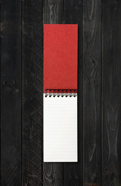 Cuaderno Espiral Abierto Blanco Mockup Aislado Sobre Fondo Madera Negra — Foto de Stock