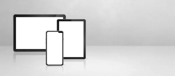 Celular Tablet Digital Mesa Escritório Concreto Branco Bandeira Fundo Horizontal — Fotografia de Stock