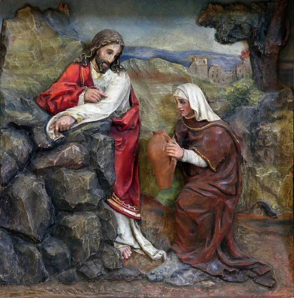 Jesus Och Den Samaritiska Kvinnan Befrielse Från Dopfunten Matteus Kyrka — Stockfoto