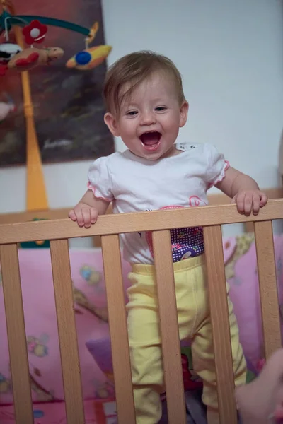 Cute Little One Year Old Baby Playing Toys Bed While — Stock Photo, Image