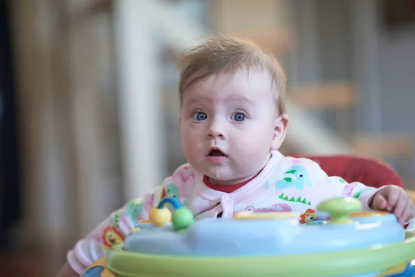 Cute Little Baby Learning Walk Walker Home — Stock Photo, Image