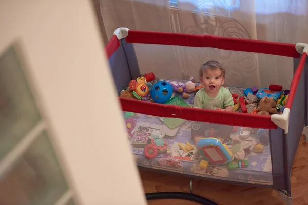 Cute Little Baby Playing Toys Mobile Bed Making First Steps — Stock Photo, Image