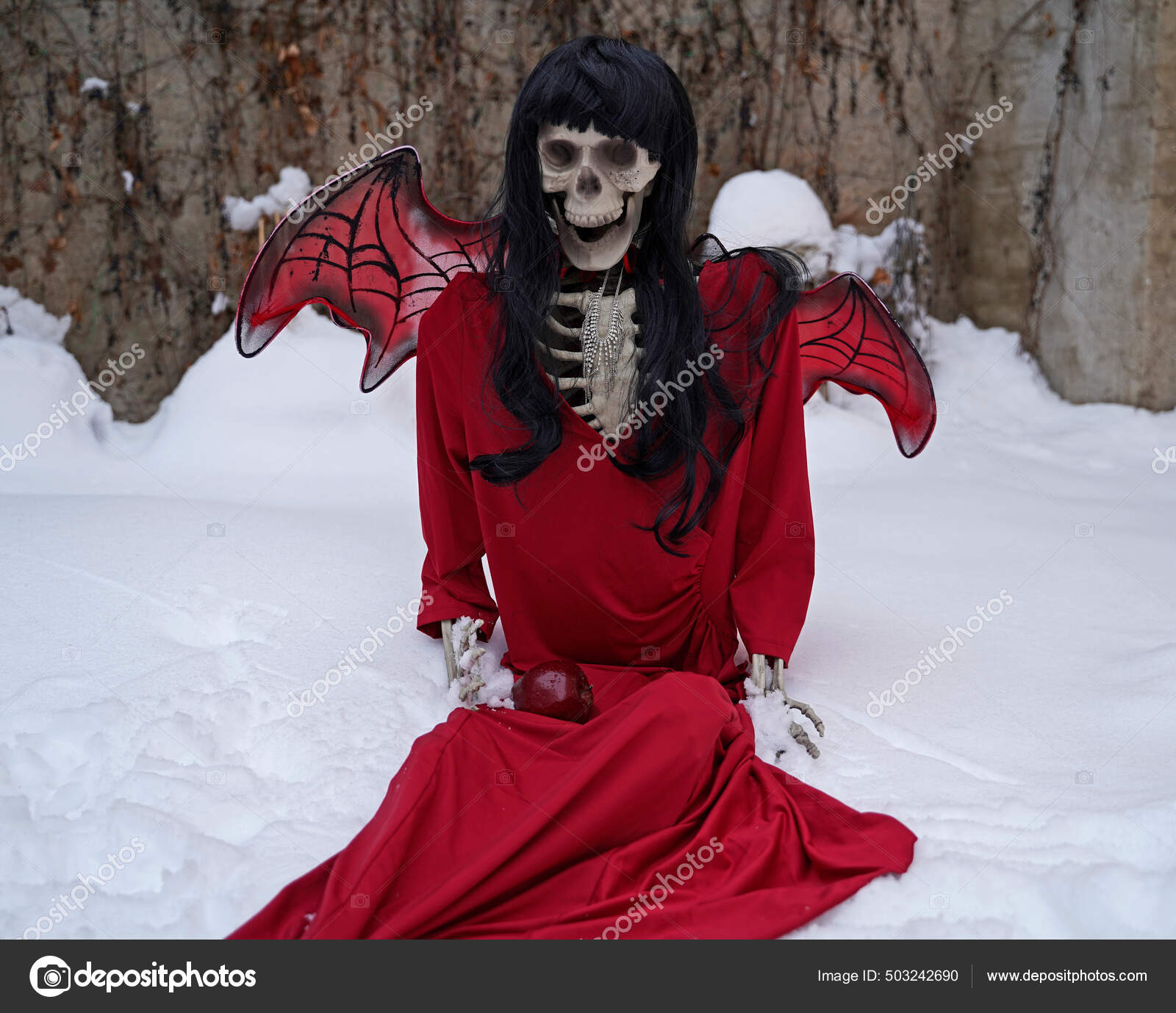 Esqueleto Novia Diablo Con Vestido Rojo Alas Diablo Nieve — Foto de stock ©  PantherMediaSeller #503242690, image size:1600x1379