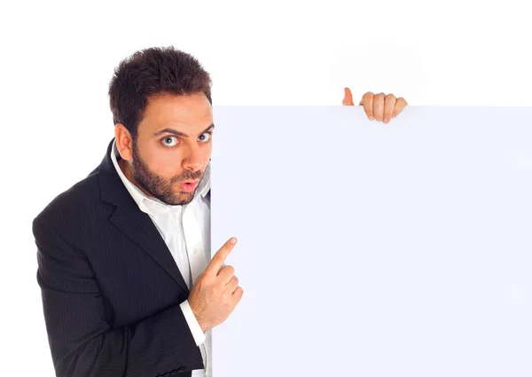 Young Man Blank Board Isolated White Background — Stock Photo, Image