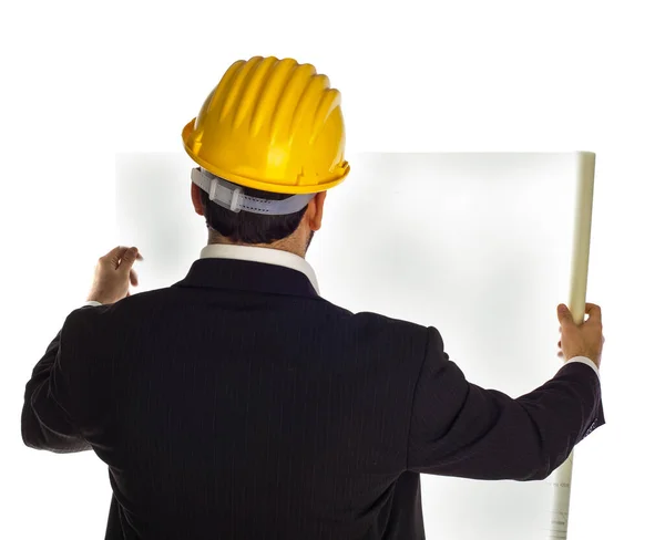 Engineer Man Helmet Hat Holding Blank White Board Isolated Background — Stock Photo, Image