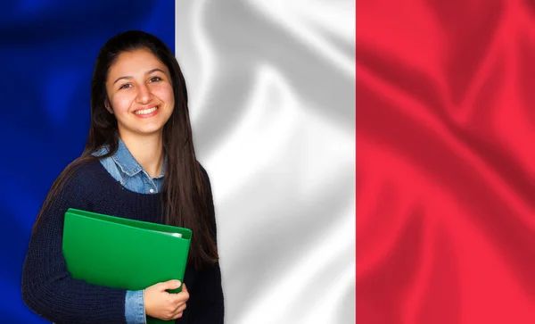 Estudante Adolescente Sorrindo Sobre Bandeira Francesa Conceito Lições Aprendizagem Línguas — Fotografia de Stock