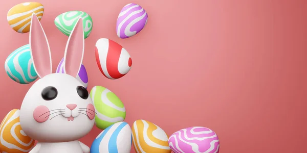 Happy Easter Day Cute Bunny Colorful Egg Easter Backgroung Rendering — Stock Photo, Image