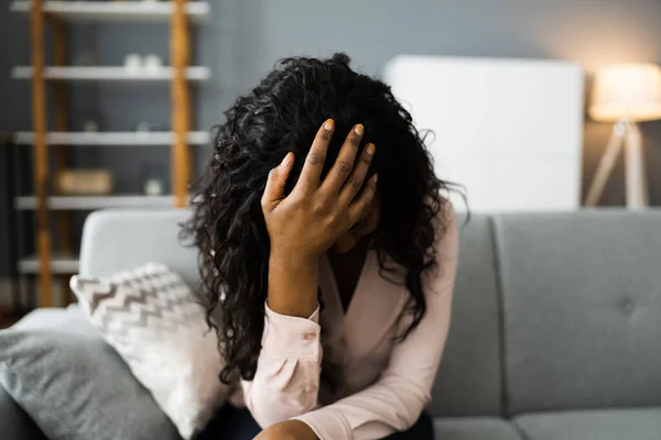 Depressed Sad Young Girl Headache Sitting Home — Stock Photo, Image