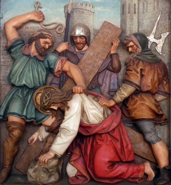 Ιησούς Πέφτει Για Πρώτη Φορά 3Οι Σταθμοί Του Σταυρού Ενοριακή — Φωτογραφία Αρχείου