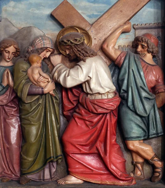 Gesù Incontra Figlie Gerusalemme Viii Stazione Della Croce Chiesa Parrocchiale — Foto Stock