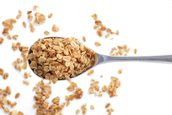 Mucchio Avena Granola Cucchiaio Fuoco Selettivo — Foto Stock