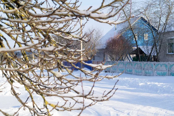 Havas Dombok Orosz Vagy Belarusz Vidéken Reggel Faház — Stock Fotó