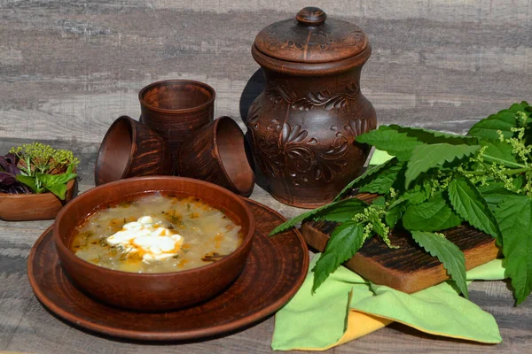 Sopa Acedera Ortigas Sobre Mesa Rústica Primavera — Foto de Stock