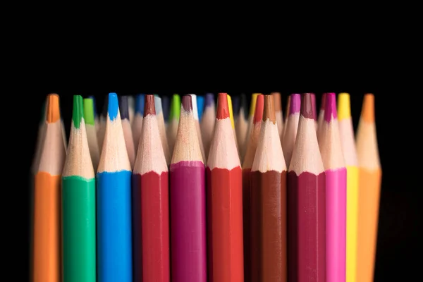 Ensemble Crayons Couleur Papeterie Beaucoup Crayons Colorés Sur Table Trousses — Photo