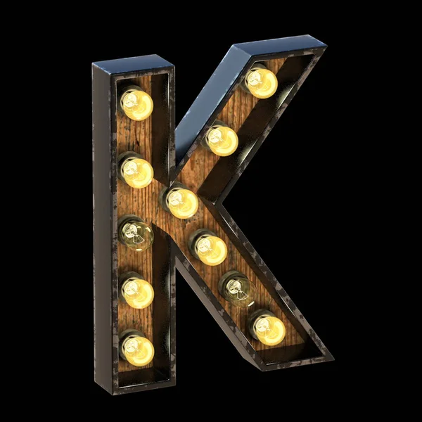 電球フォント文字K 3Dレンダリング図黒の背景に孤立 — ストック写真