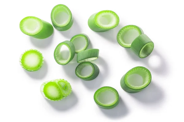 Green Leek Cut Rings Isolated Clipping Paths Top View — Stock Photo, Image