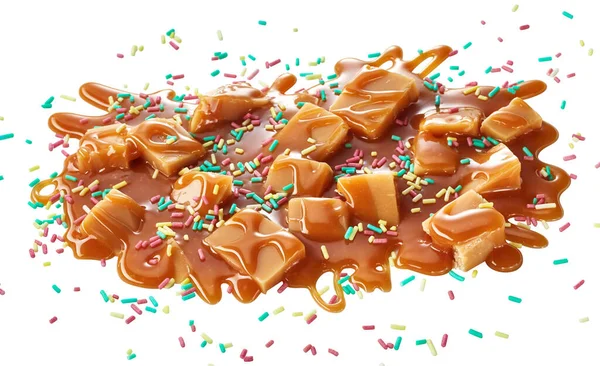 Pedaços Fudge Caramelo Molho Decorado Com Centenas Coloridas Milhares Sobre — Fotografia de Stock