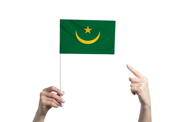 Egy Gyönyörű Női Kéz Egy Mauritániai Zászlót Tart Amihez Másik — Stock Fotó