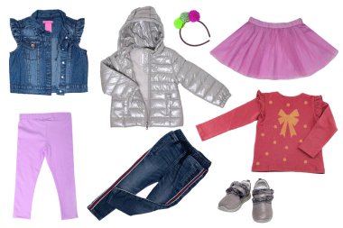 Collage set of little girl spring clothing isolated on a white background. The collection of a down jacket, a sweater and skirt, jeans, jeans vest, sweatpants and shoes. Kids autumn fashion. clipart