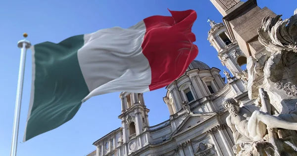 意大利国旗飘扬在罗马纳沃纳广场圣艾格尼塞教堂的立面上的四条河的源头上 城市广场 巴洛克艺术 旅游和旅行 — 图库照片