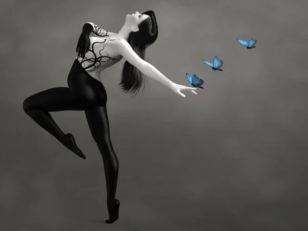 Rendering Surreal Bodypainted Woman Dancing Blue Butterflies Image Black White — Stock Photo, Image