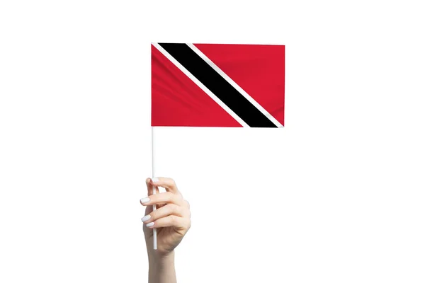 Bela Mão Feminina Segurando Bandeira Trinidad Tobago Isolada Fundo Branco — Fotografia de Stock