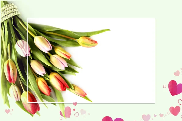 Bunch Spring Flowers Fresh Tulips White Green Background Valentines Easter — Stock Photo, Image