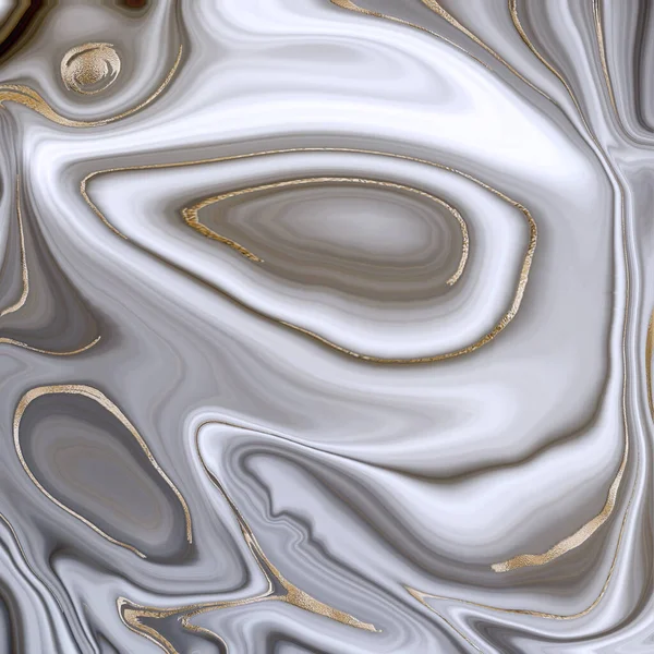 美丽的灰色卷曲大理石玛瑙与黄金脉 抽象的大理石玛瑙质感和闪亮的金曲线背景 流星雨效应 — 图库照片