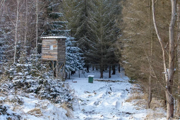 Winterliche Europäische Landschaft Mit Jagdturm Schneebedeckten Wald Nach Heftigem Schneesturm — Stockfoto