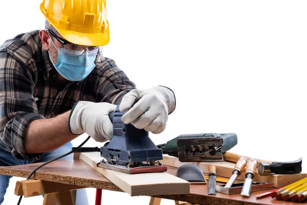 Carpenter Worker Work Isolated White Background Wears Helmet Goggles Leather — Stock Photo, Image