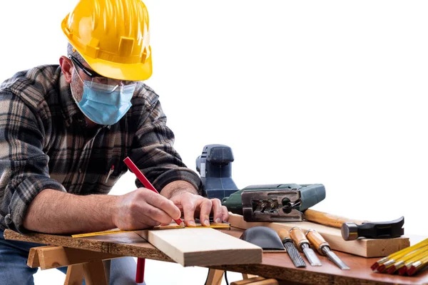 Carpenter Worker Work Isolated White Background Wears Helmet Goggles Surgical Stock Image