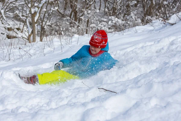 Girl Slid Hill Snowdrift Squeezed Her Eyes Snow Flying Her — Stock Photo, Image