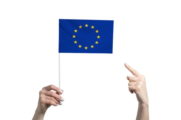 Гарна Жіноча Рука Тримає Прапор Європейського Союзу Якому Вона Показує — стокове фото