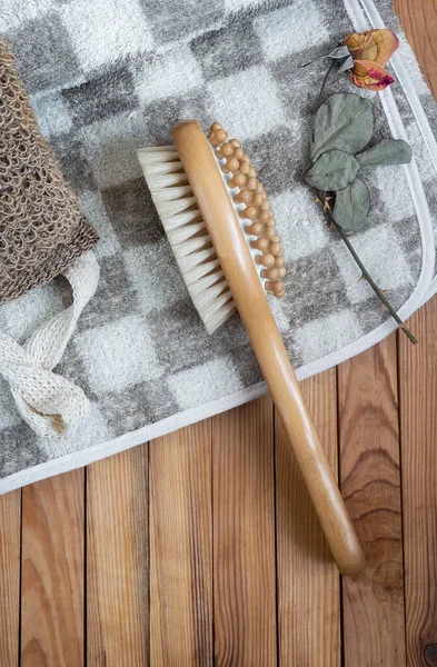 Accessoires Pour Visiter Bain Sauna Sur Fond Bois Gant Toilette — Photo