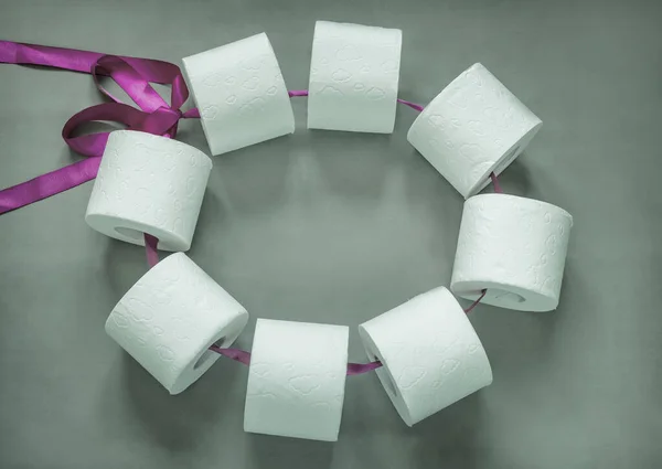 Rolls White Toilet Paper Connected Ribbon Bundle Top View Close — Stock Photo, Image