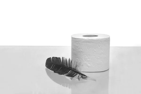 Roll Soft Toilet Paper Next Bird Feather Symbol Gentle Touch — Stock Photo, Image