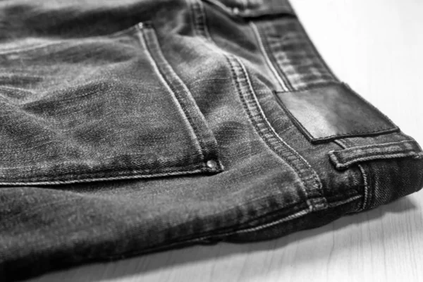 Fragment Blue Denim Trousers Back Pocket Light Background — Stock Photo, Image