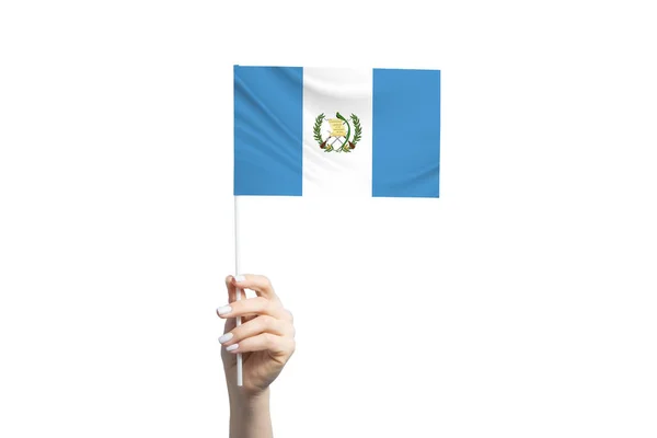 Hermosa Mano Femenina Sosteniendo Bandera Guatemala Aislada Sobre Fondo Blanco — Foto de Stock