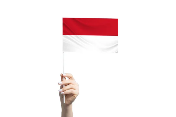 Beautiful Female Hand Holding Indonesia Flag Isolated White Background — Stock Photo, Image