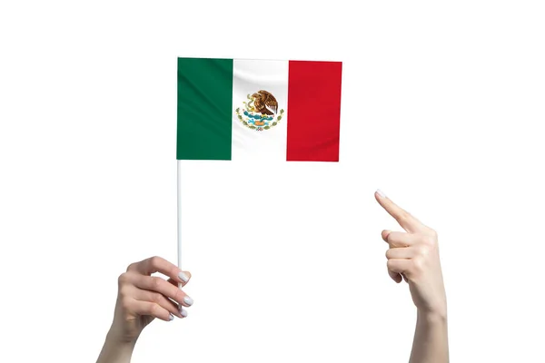 Uma Bela Mão Feminina Segura Uma Bandeira México Para Qual — Fotografia de Stock