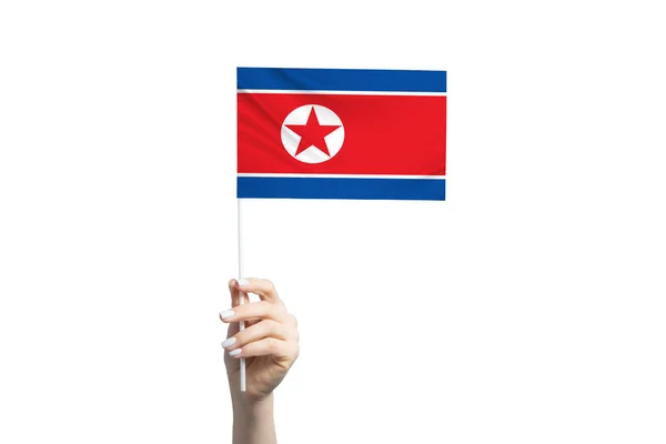 Kuzey Kore Bayrağını Tutan Güzel Bir Kadın Beyaz Arka Planda — Stok fotoğraf
