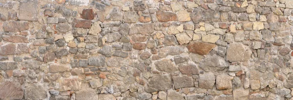 Panorama Antigua Pared Marrón Gris Hecha Muchas Piedras Naturales Diferentes — Foto de Stock