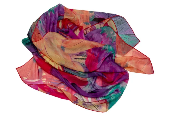Шелковая Шаль Изолирована Крупный План Красиво Сложенного Разноцветного Шелкового Шарфа — стоковое фото