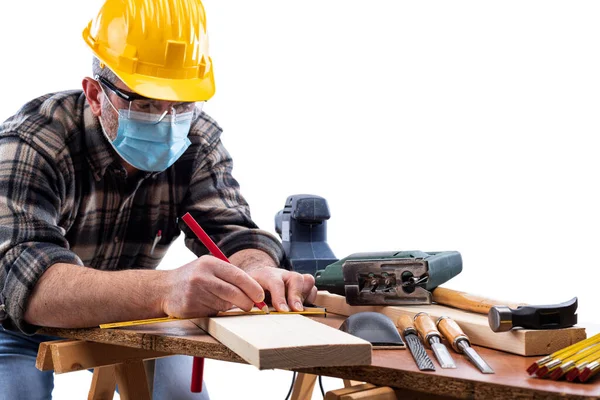 Carpenter Worker Work Isolated White Background Wears Helmet Goggles Leather Stock Photo