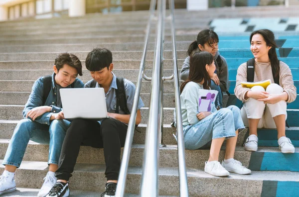 Happy Teenager Students Talking Sitting Stairs — Stock Photo, Image