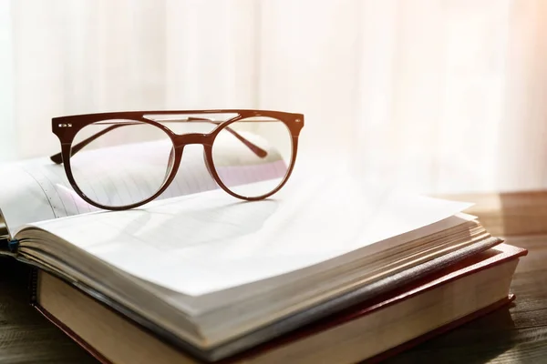 Reading Glasses Put Open Books Wooden Table Window — Stock Photo, Image
